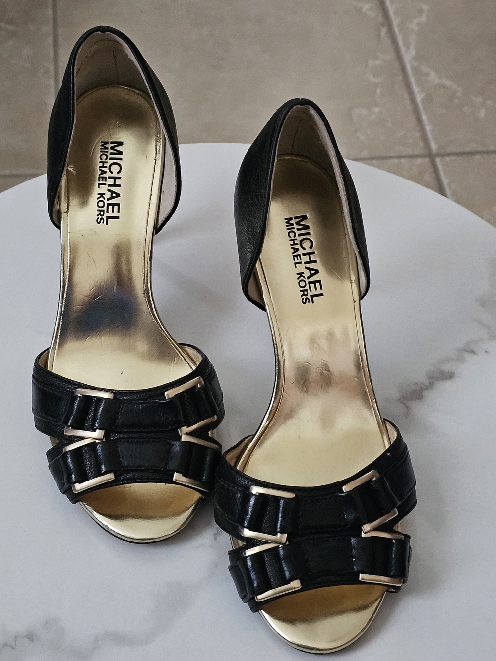 MICHAEL Michael Kors Black and Gold D'Orsay Open-Toe Heels